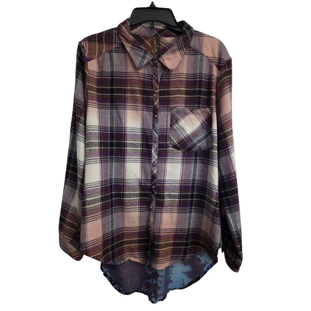 Aratta Silent Journey Plaid Velvet Burnout Floral Back Button Down Shirt XL‎